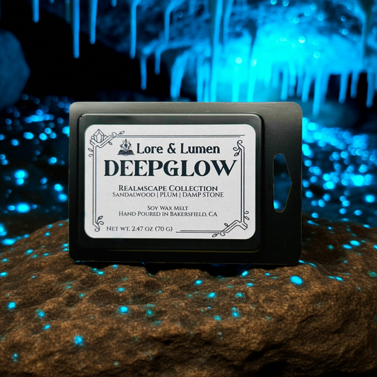 Deepglow fantasy wax melt with notes of sandalwood, plum, and damp stone, perfect for dungeon or cavern settings.