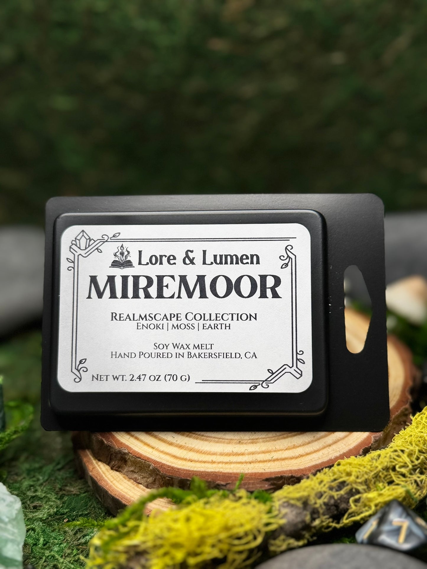 Miremoor fantasy wax melt with notes of enoki, moss, and earth, perfect for swamp or marshland settings.