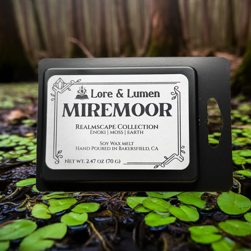 Miremoor fantasy wax melt with notes of enoki, moss, and earth, perfect for swamp or marshland settings.