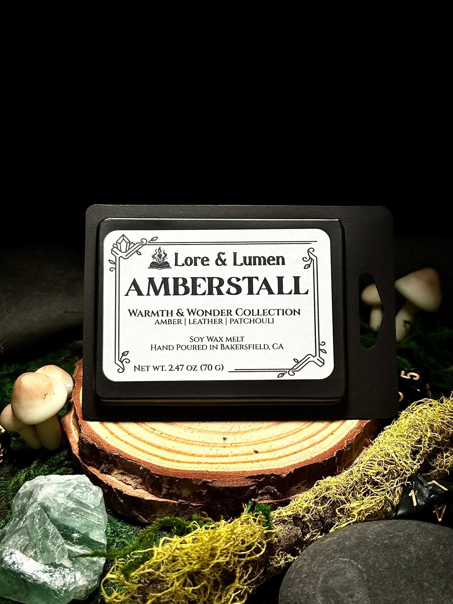 Amberstall fantasy wax melt with notes of vanilla and patchouli, perfect for fantasy market scenes.