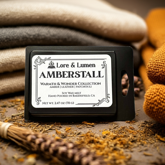 Amberstall fantasy wax melt with notes of vanilla and patchouli, perfect for fantasy market scenes.