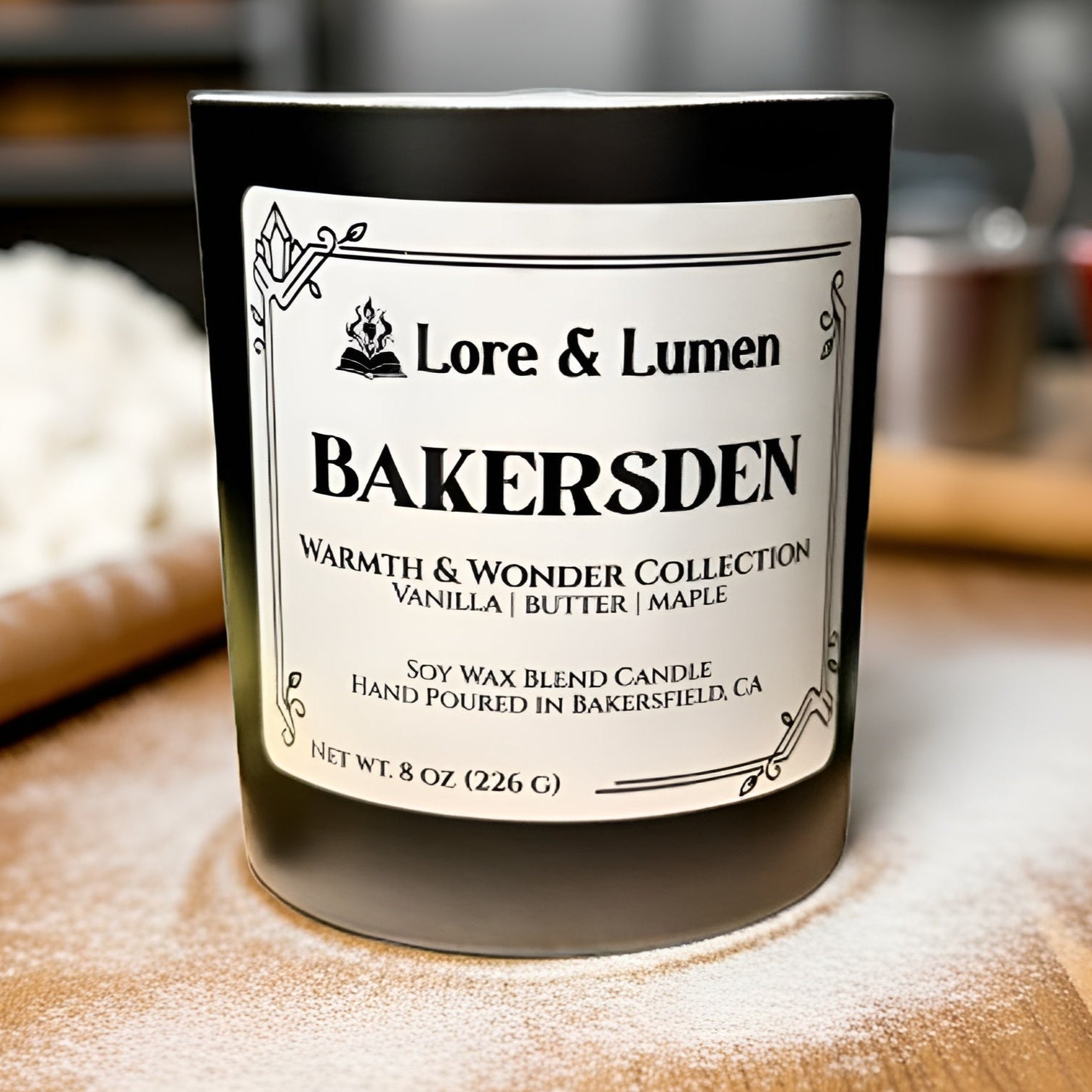 Bakersden fantasy candle with notes of vanilla and spice, styled for fantasy bakery settings.