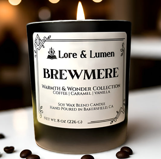 Brewmere fantasy candle with notes of coffee, styled for fantasy tavern scenes.