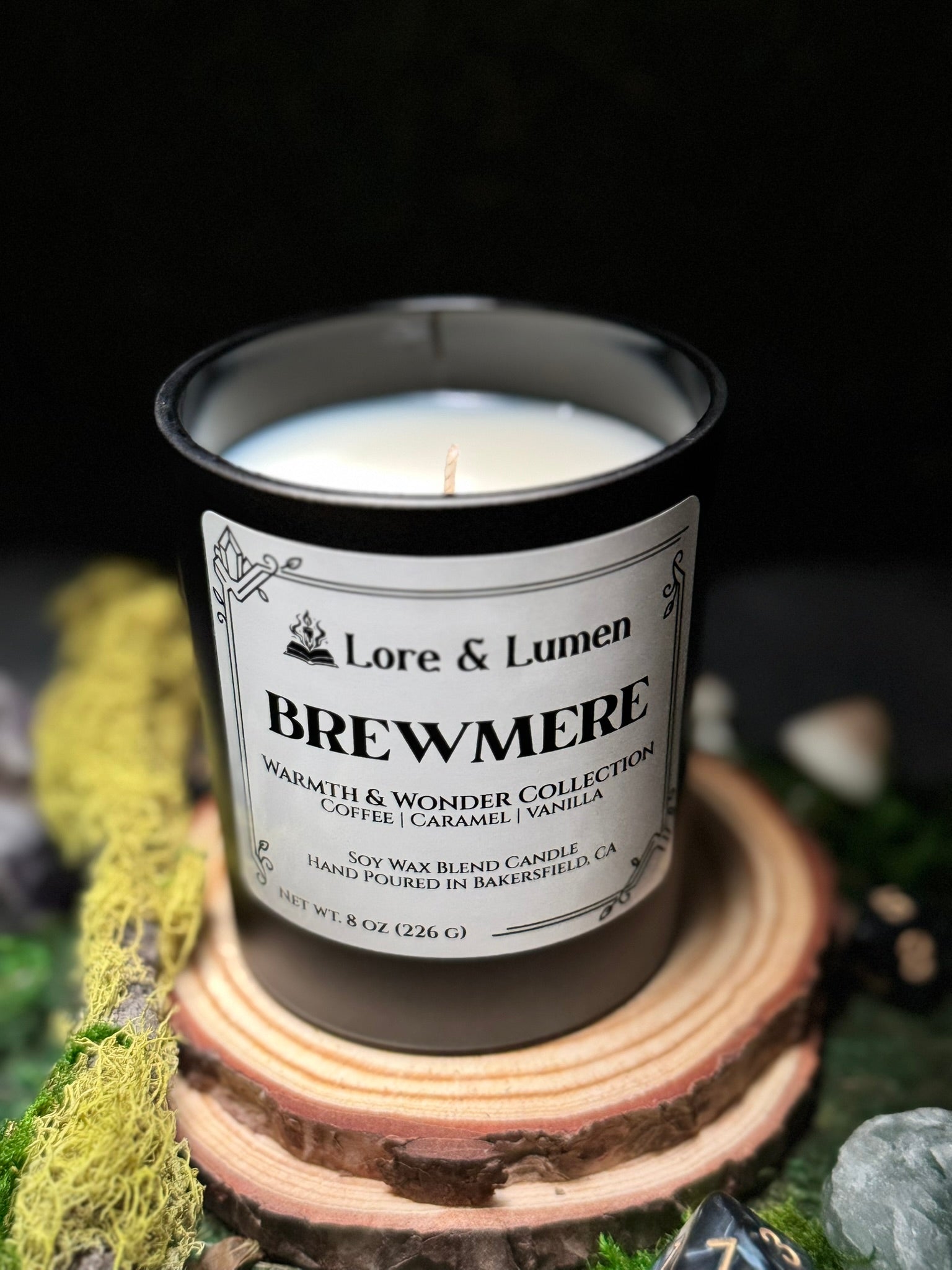 Brewmere fantasy candle with notes of coffee, styled for fantasy tavern scenes.