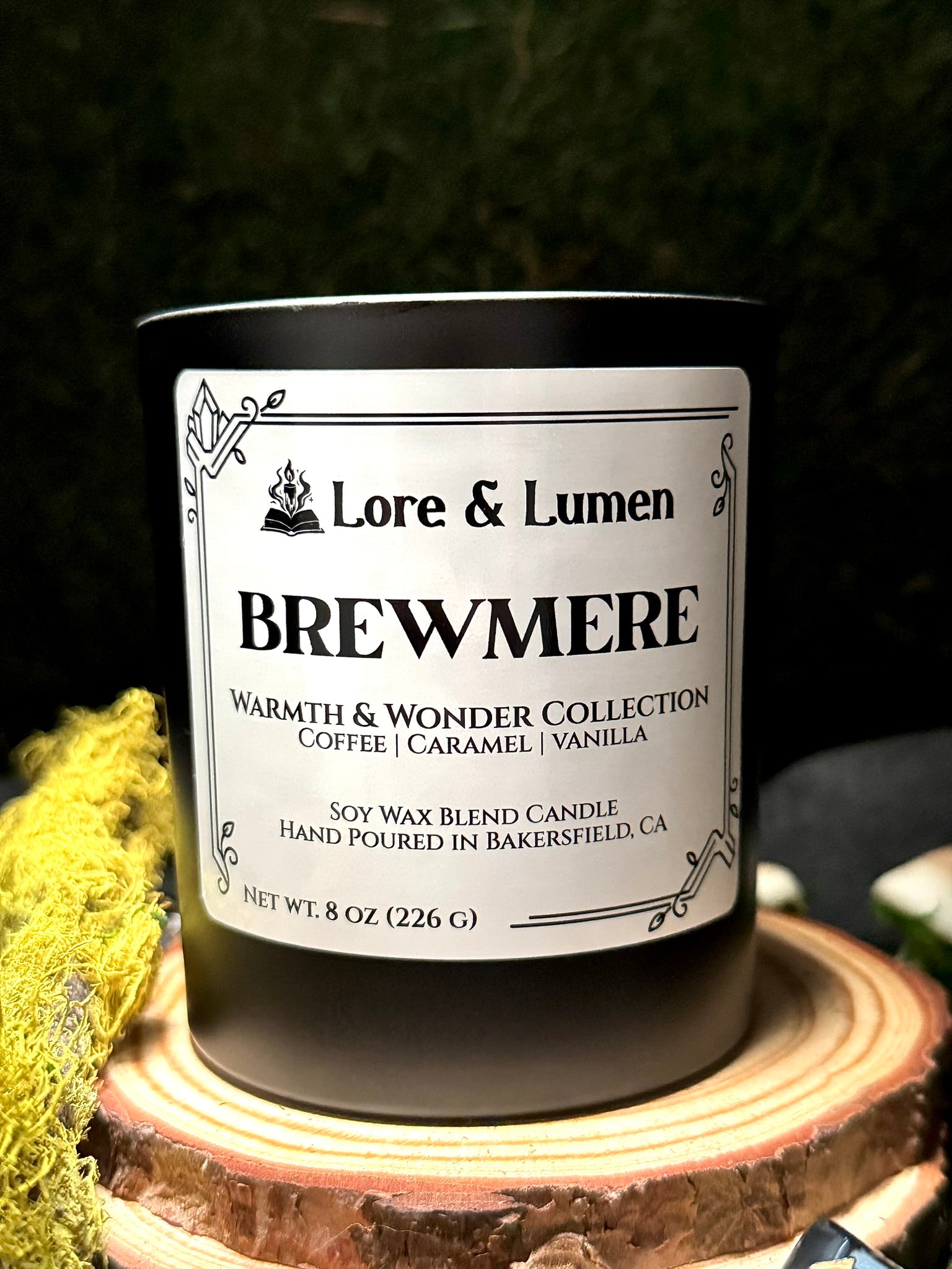 Brewmere fantasy candle with notes of coffee, styled for fantasy tavern scenes.