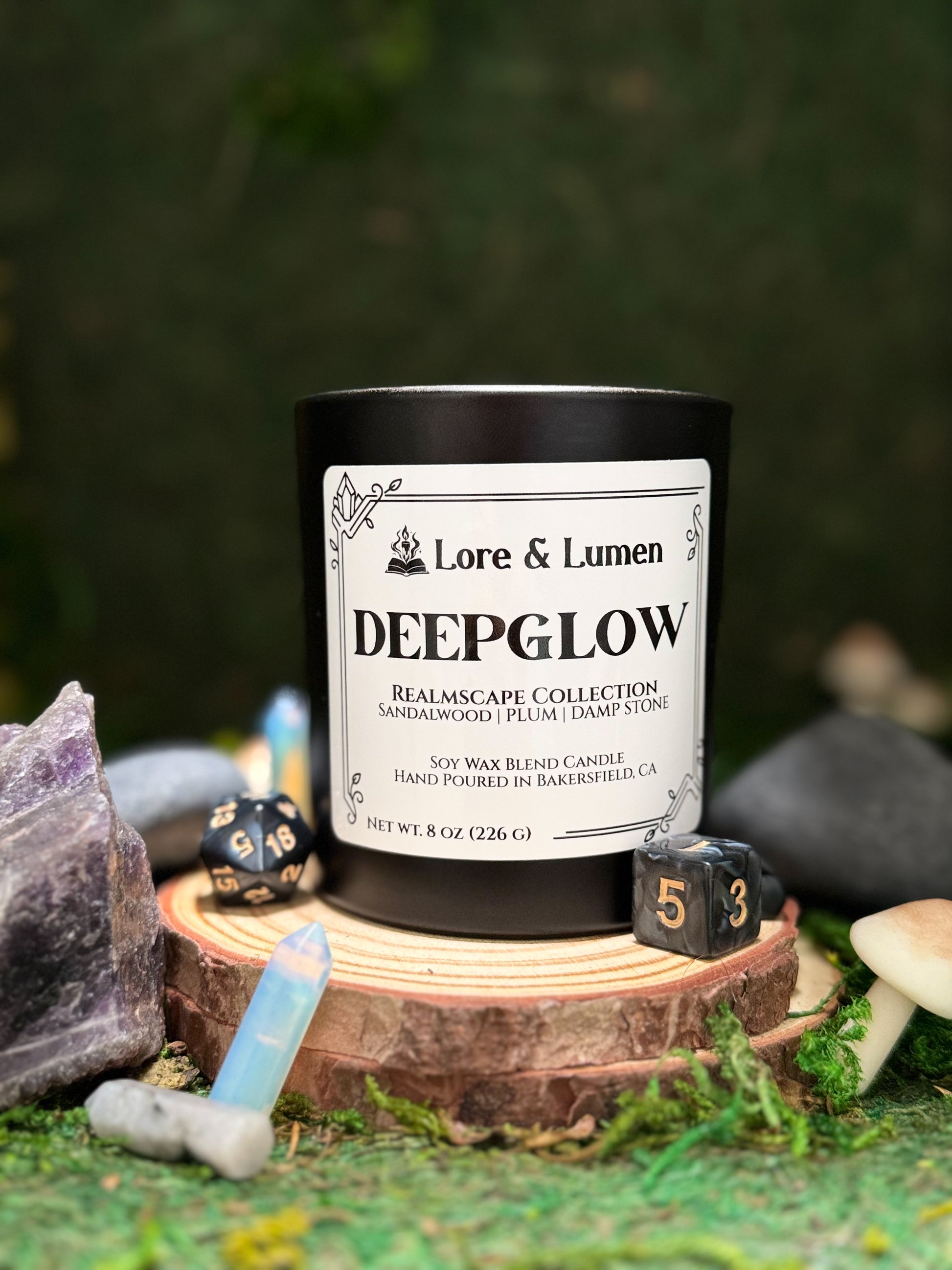 Deepglow fantasy candle with notes of sandalwood, plum, and damp stone, styled for dungeon or cavern settings.