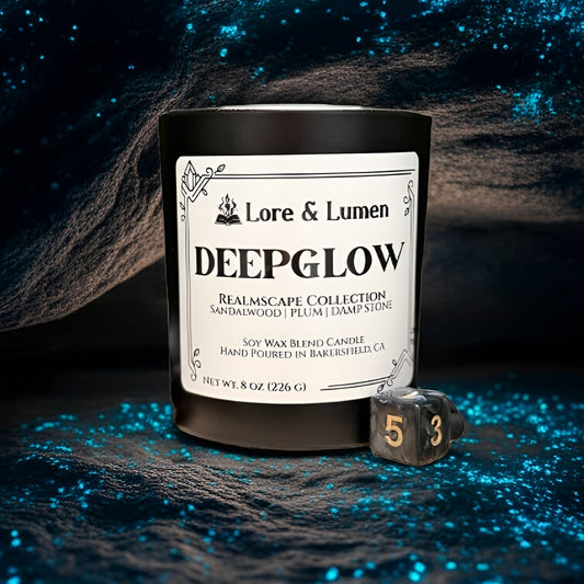 Deepglow fantasy candle with notes of sandalwood, plum, and damp stone, styled for dungeon or cavern settings.