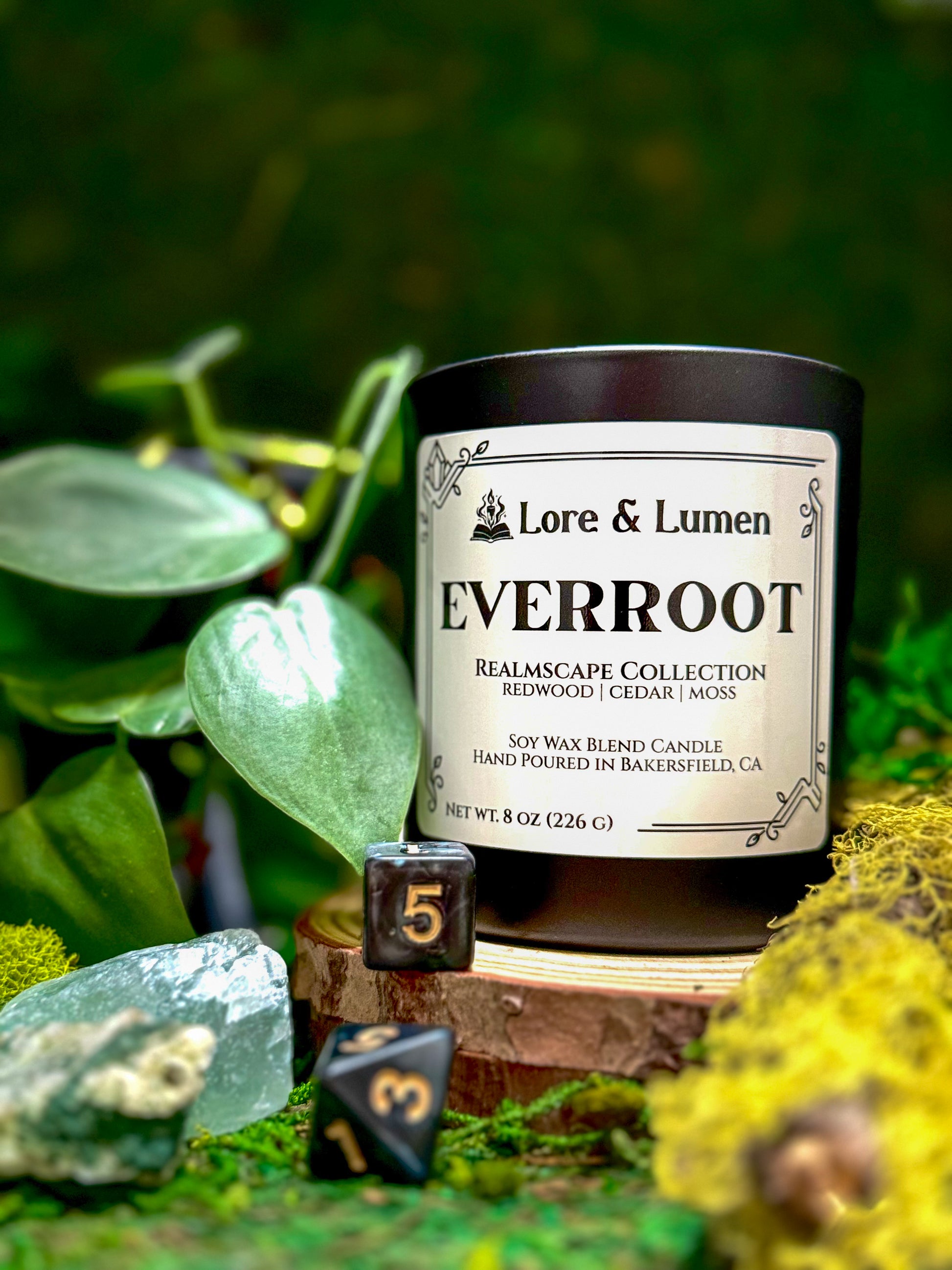 Everroot fantasy candle with notes of woody notes, styled for ancient forest environments.