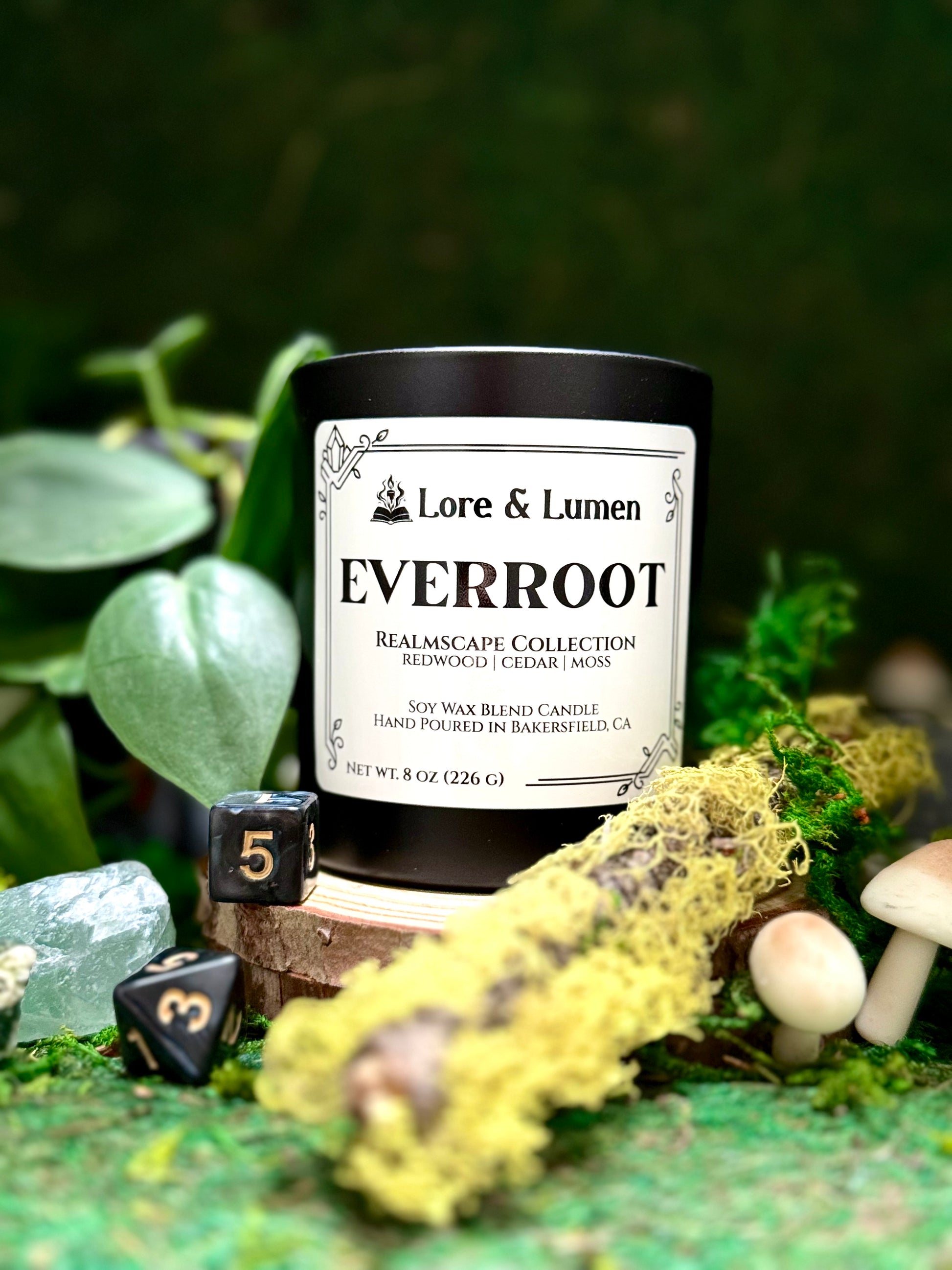 Everroot fantasy candle with notes of woody notes, styled for ancient forest environments.