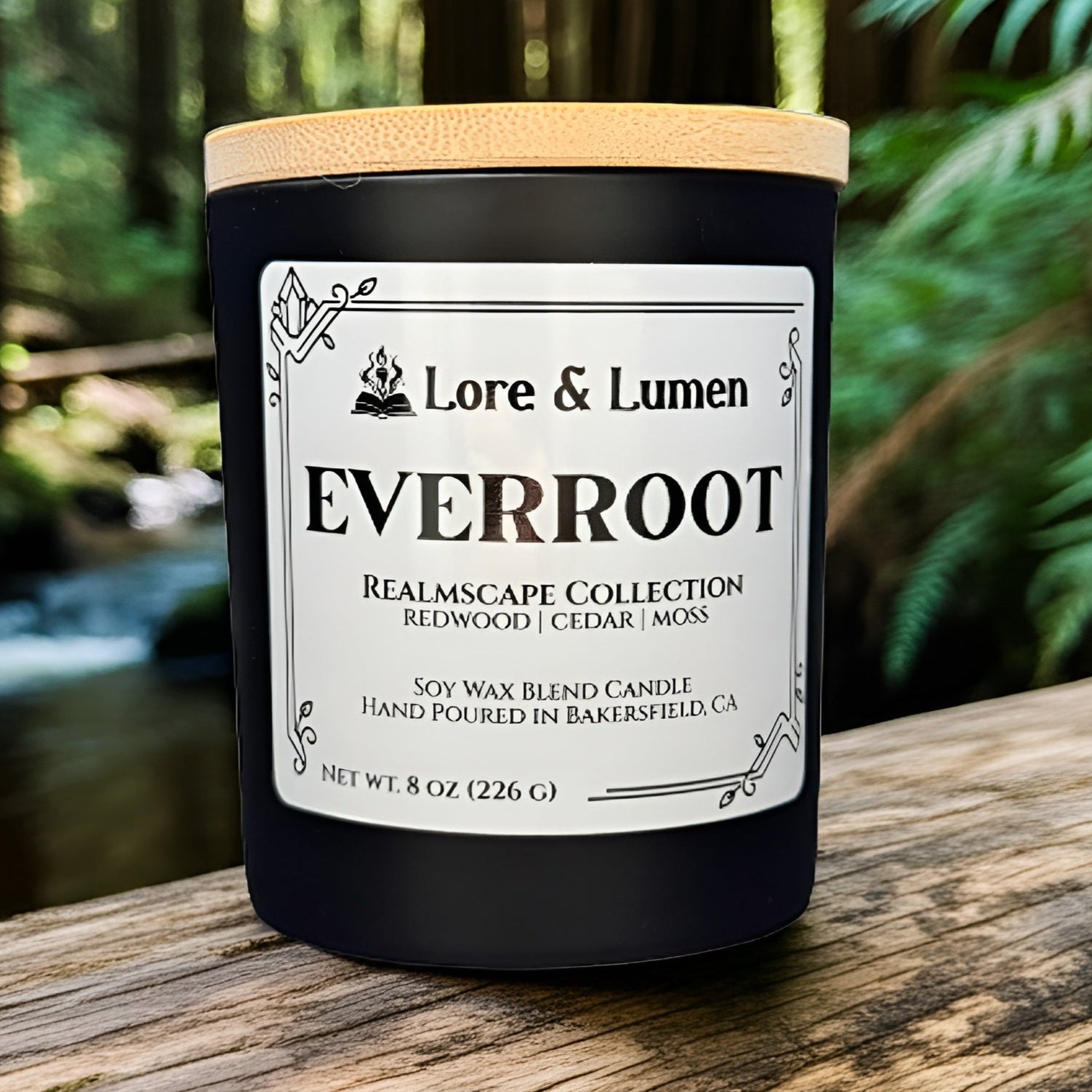 Everroot fantasy candle with notes of woody notes, styled for ancient forest environments.