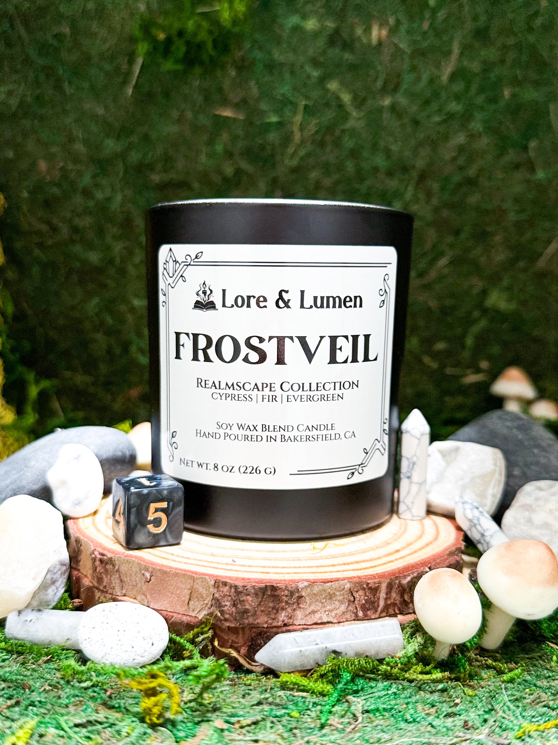 Frostveil fantasy candle with notes of cypress, fir, and evergreen, styled for wintery or frosty realms.