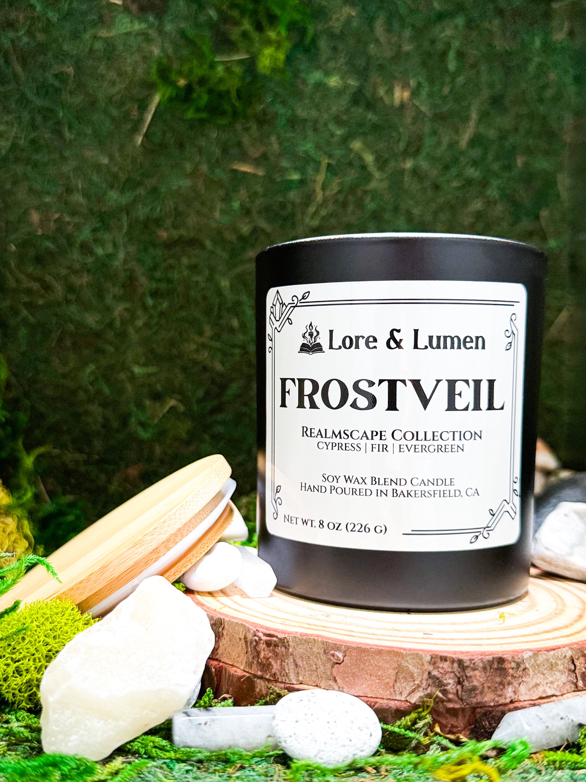 Frostveil fantasy candle with notes of cypress, fir, and evergreen, styled for wintery or frosty realms.