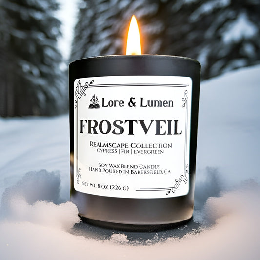 Frostveil fantasy candle with notes of cypress, fir, and evergreen, styled for wintery or frosty realms.