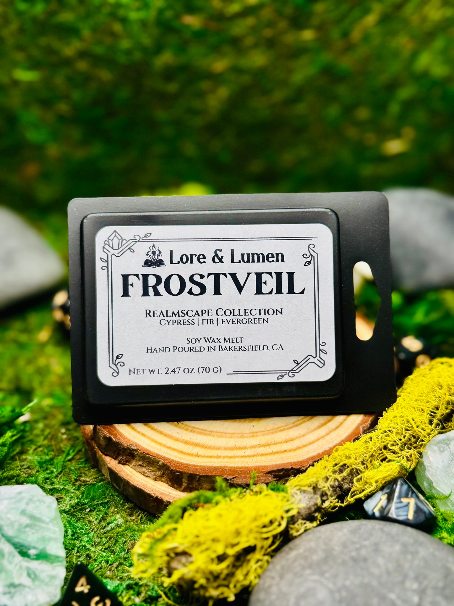Frostveil fantasy wax melt with notes of cypress, fir, and evergreen, perfect for wintery or frosty realms.