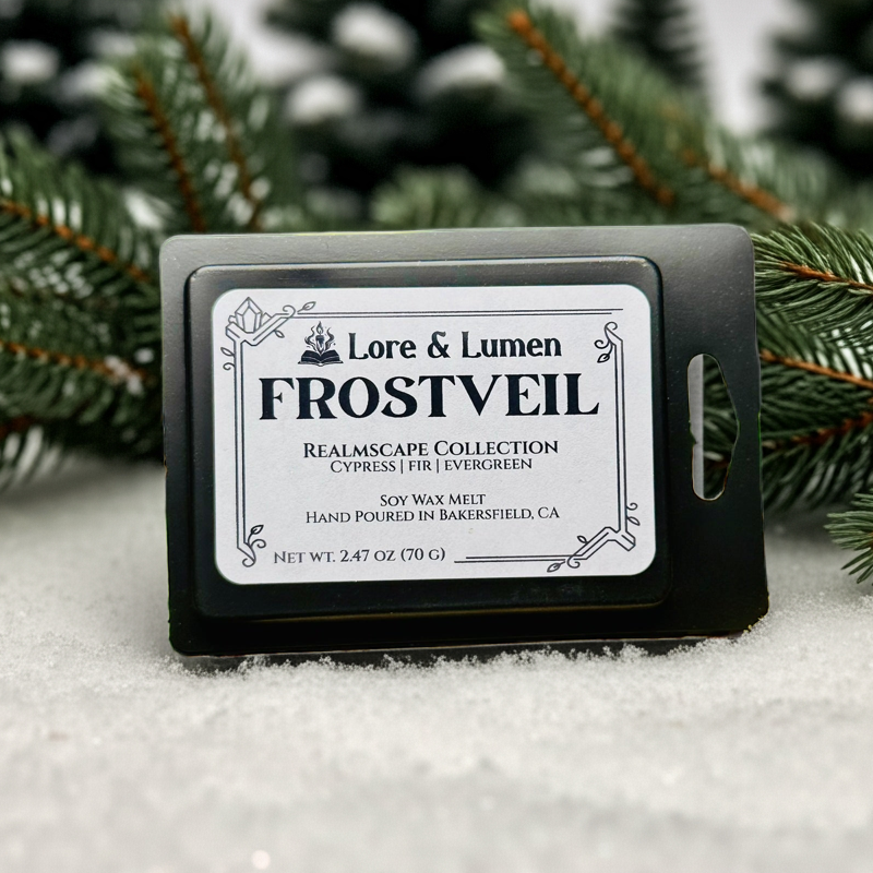 Frostveil fantasy wax melt with notes of cypress, fir, and evergreen, perfect for wintery or frosty realms.
