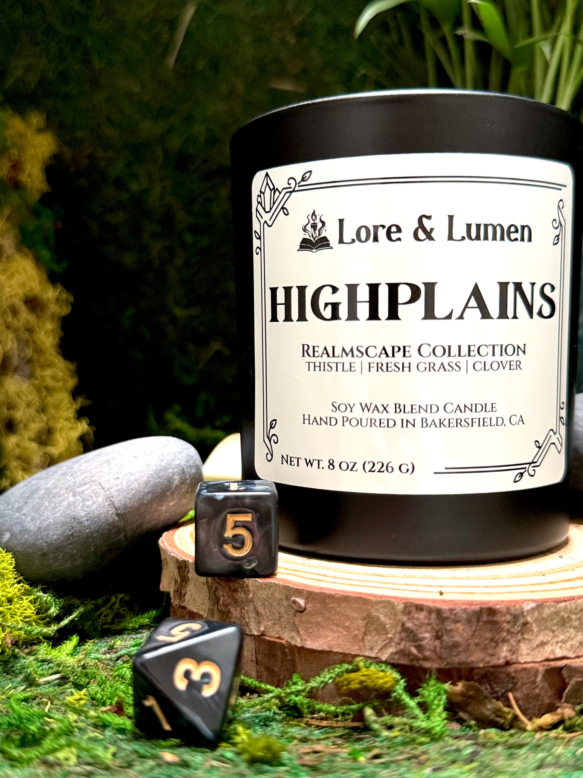 Highplains fantasy candle with notes of thistle, grass, and clover, styled for open fields and meadows.