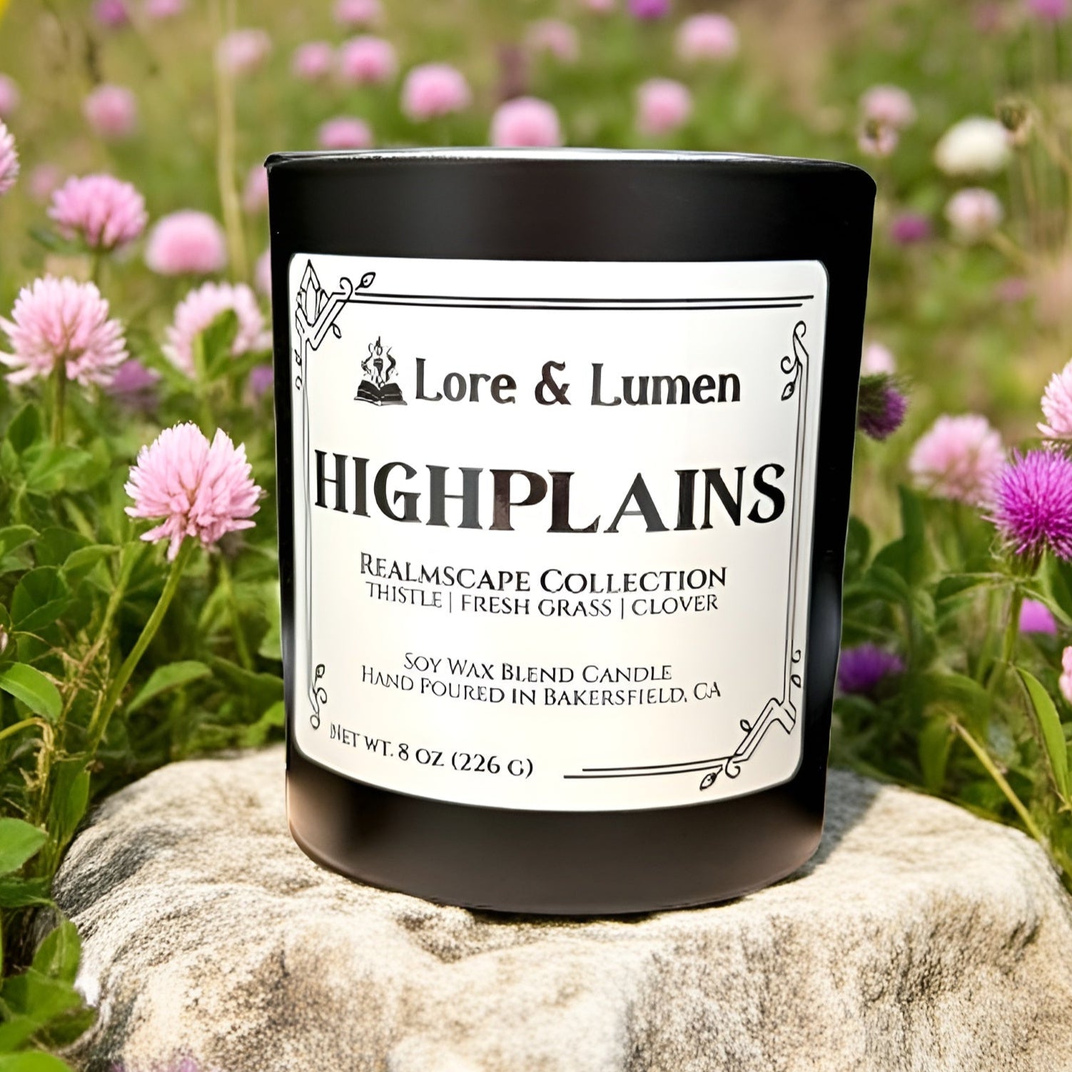 Highplains fantasy candle with notes of thistle, grass, and clover, styled for open fields and meadows.