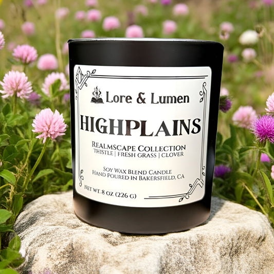Highplains fantasy candle with notes of thistle, grass, and clover, styled for open fields and meadows.