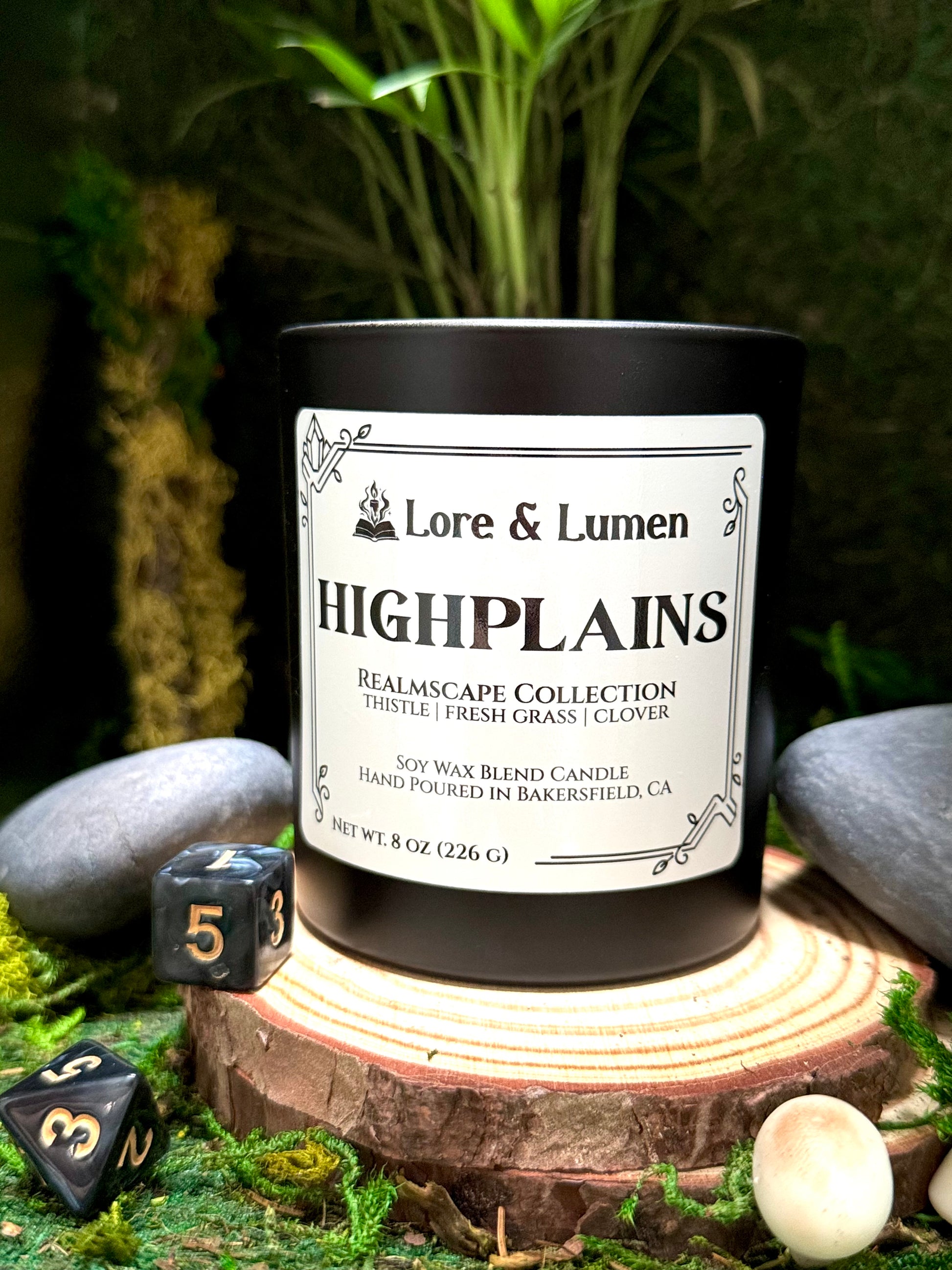 Highplains fantasy candle with notes of thistle, grass, and clover, styled for open fields and meadows.