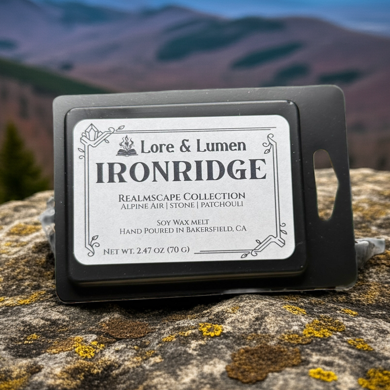 Ironridge fantasy wax melt with notes of alpine air, stone, and patchouli, perfect for rugged mountain landscapes.