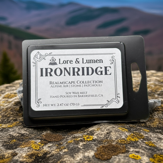 Ironridge fantasy wax melt with notes of alpine air, stone, and patchouli, perfect for rugged mountain landscapes.