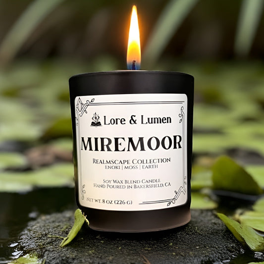 Miremoor fantasy candle with notes of enoki, moss, and earth, styled for swamp or marshland settings.