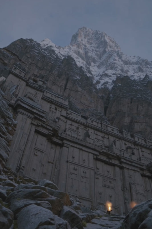 Ironridge fantasy candle with notes of alpine air, stone, and patchouli, styled for rugged mountain landscapes.