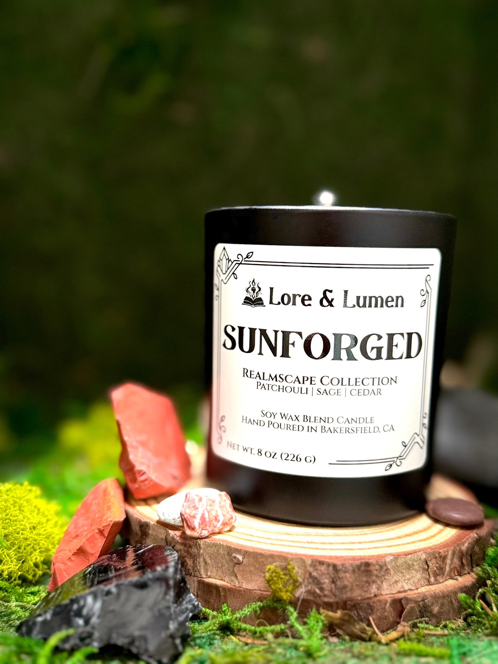 Sunforged fantasy candle with notes of patchouli, sage, and cedar, styled for sunlit fantasy worlds.