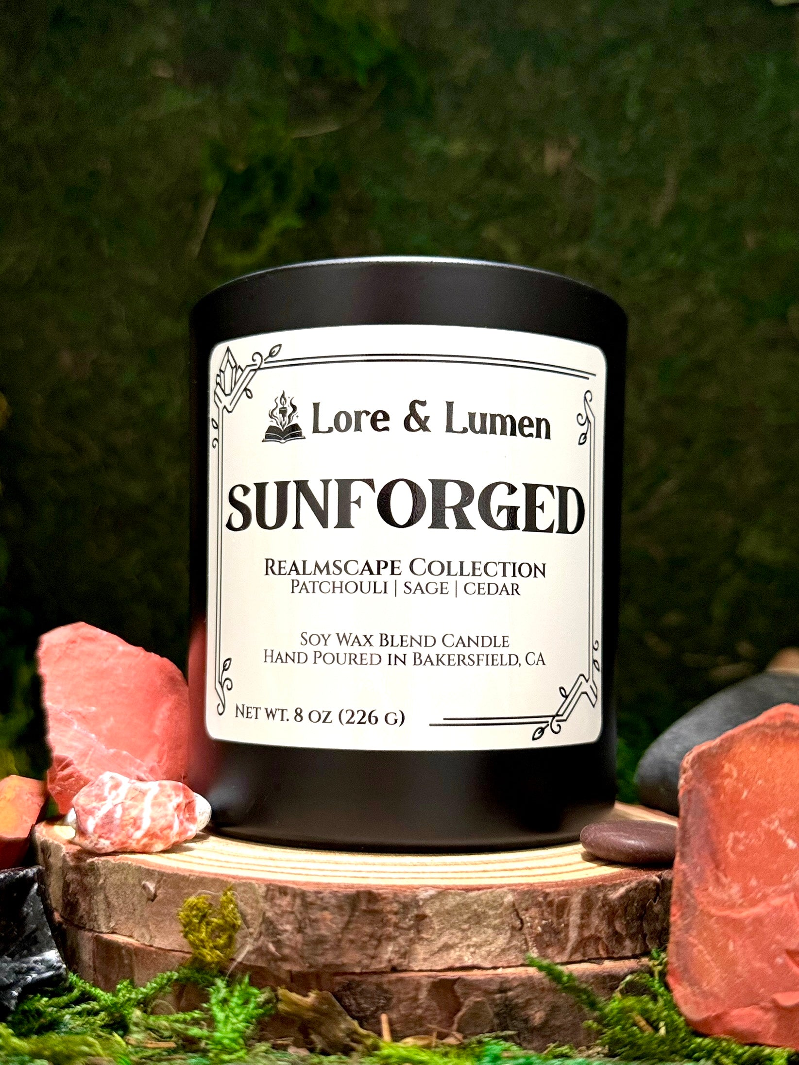 Sunforged fantasy candle with notes of patchouli, sage, and cedar, styled for sunlit fantasy worlds.