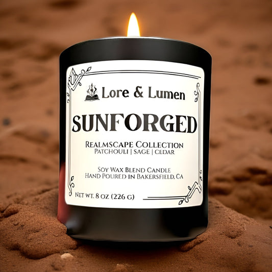 Sunforged fantasy candle with notes of patchouli, sage, and cedar, styled for sunlit fantasy worlds.