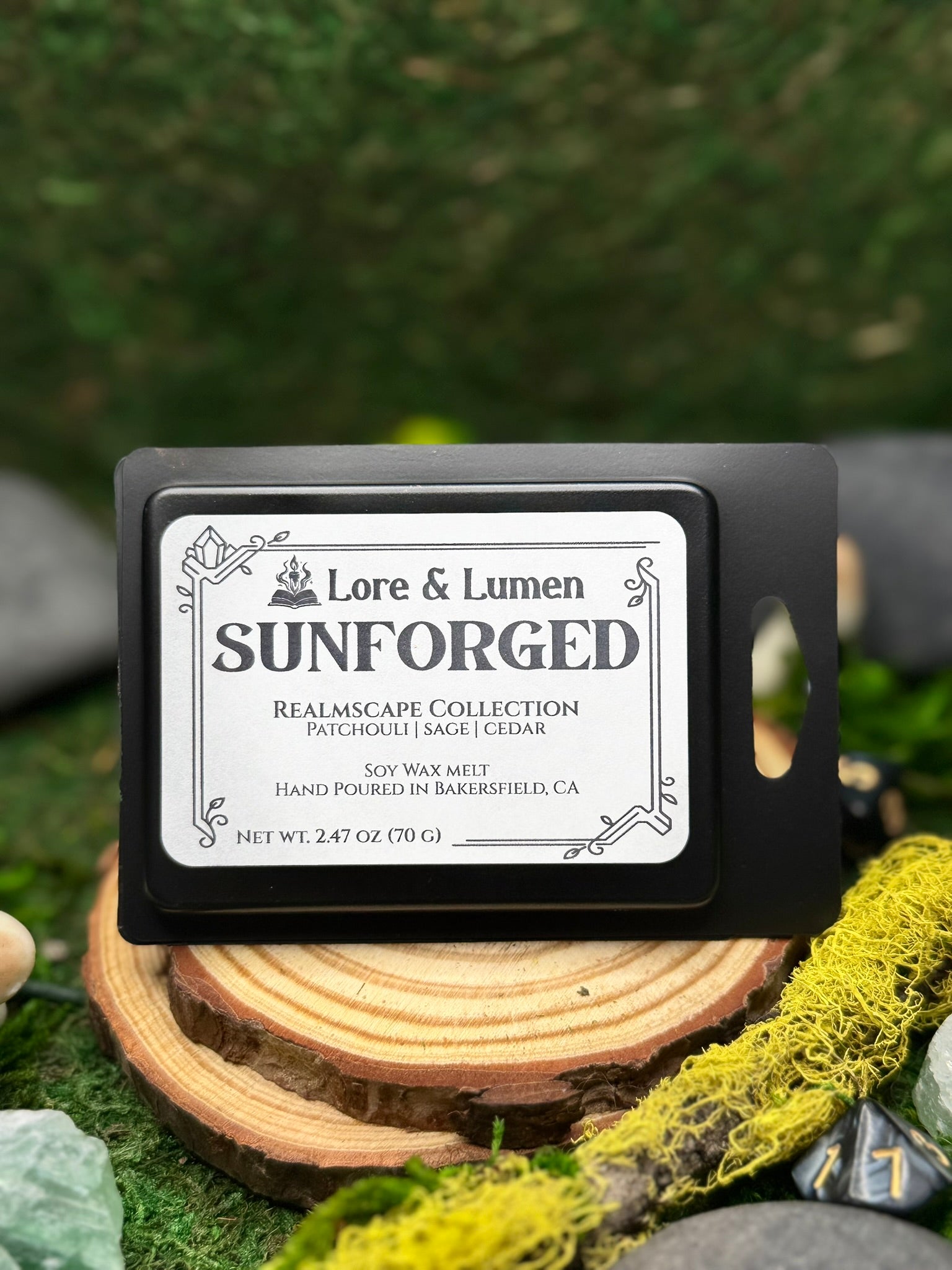 Sunforged fantasy wax melt with notes of patchouli, sage, and cedar, perfect for sunlit fantasy worlds.
