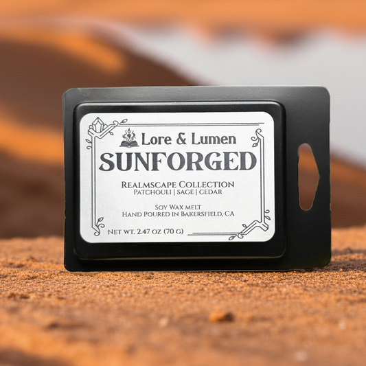 Sunforged fantasy wax melt with notes of patchouli, sage, and cedar, perfect for sunlit fantasy worlds.