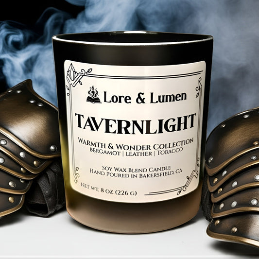 Tavernlight fantasy candle with notes of bergamot, leather, and tobacco, styled for cozy tavern interiors.