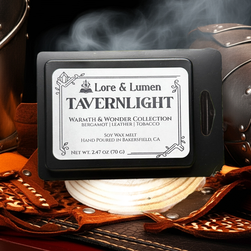 Tavernlight fantasy wax melt with notes of bergamot, leather, and tobacco, perfect for cozy tavern interiors.