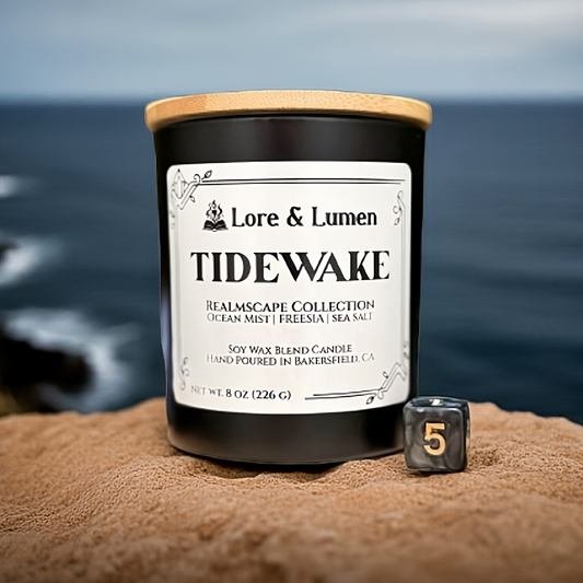 Tidewake fantasy candle with notes of ocean air and driftwood, styled for coastal or sea-themed campaigns.