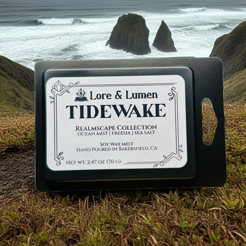 Tidewake fantasy wax melt with notes of ocean air and driftwood, perfect for coastal or sea-themed campaigns.