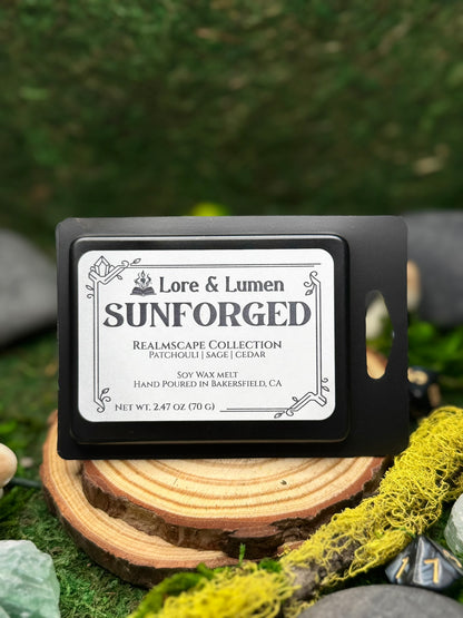 Sunforged fantasy wax melt with notes of patchouli, sage, and cedar, perfect for sunlit fantasy worlds.
