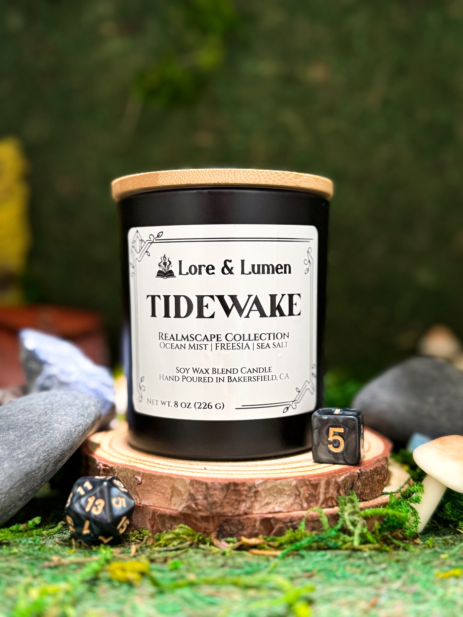 Tidewake fantasy candle with notes of ocean air and driftwood, styled for coastal or sea-themed campaigns.
